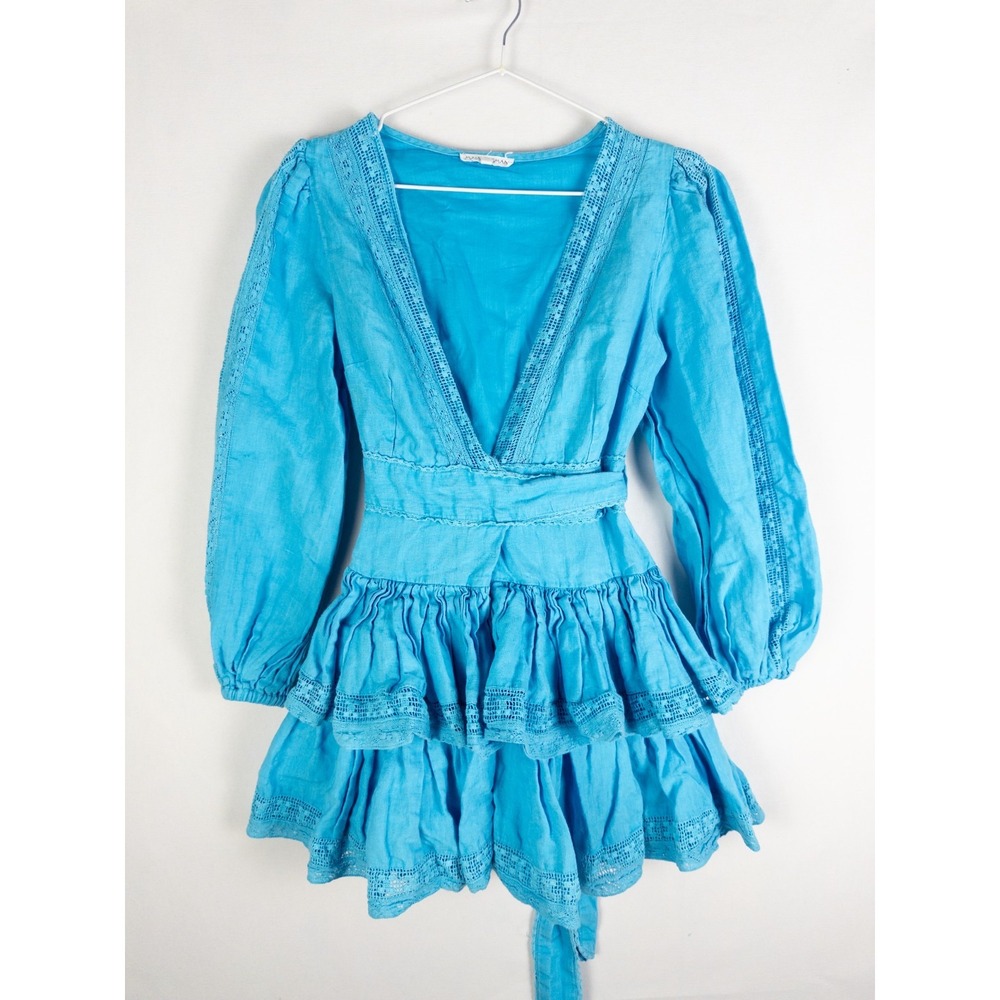 Maia Bergman Womens XS Blue Linen Tiered Ruffle Long Sleeve Mini Dress Belted